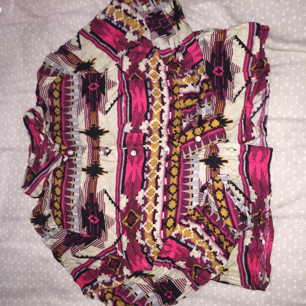 Western Print Cropped Button Down Blouse